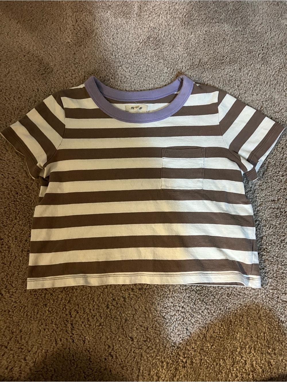 Madewell Striped Short Sleeve Pocket Tee - Brown & Cream with Lavender Trim